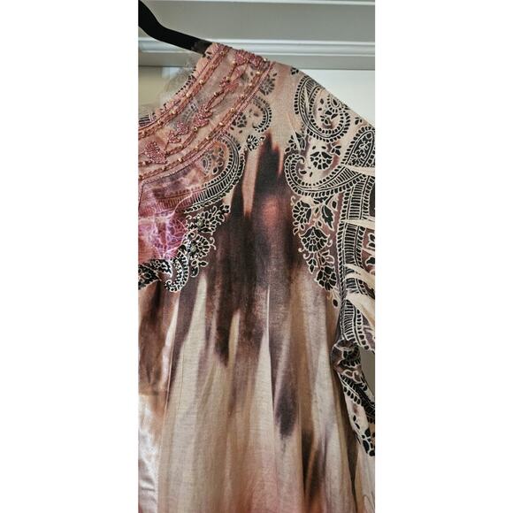 B.L.E.U WOMAN 2X Pink Floral Blouse 3/4 Flair Sleeves Embroidered Lace Beaded - Picture 8 of 11